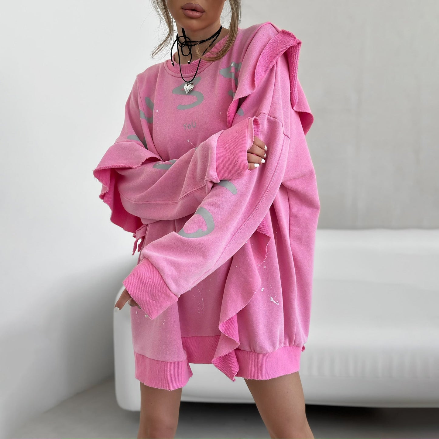 Street Round Neck Mid Length Loose Lotus Leaf Sweatshirt Summer Dopamine Printing Sweatshirt Top