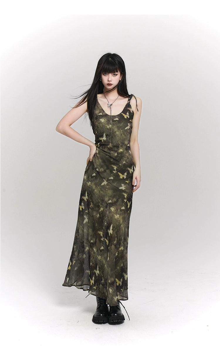Ladyghost Woodland Whisper Maxi Dress - Camo-inspired Butterfly Print Slip Dress