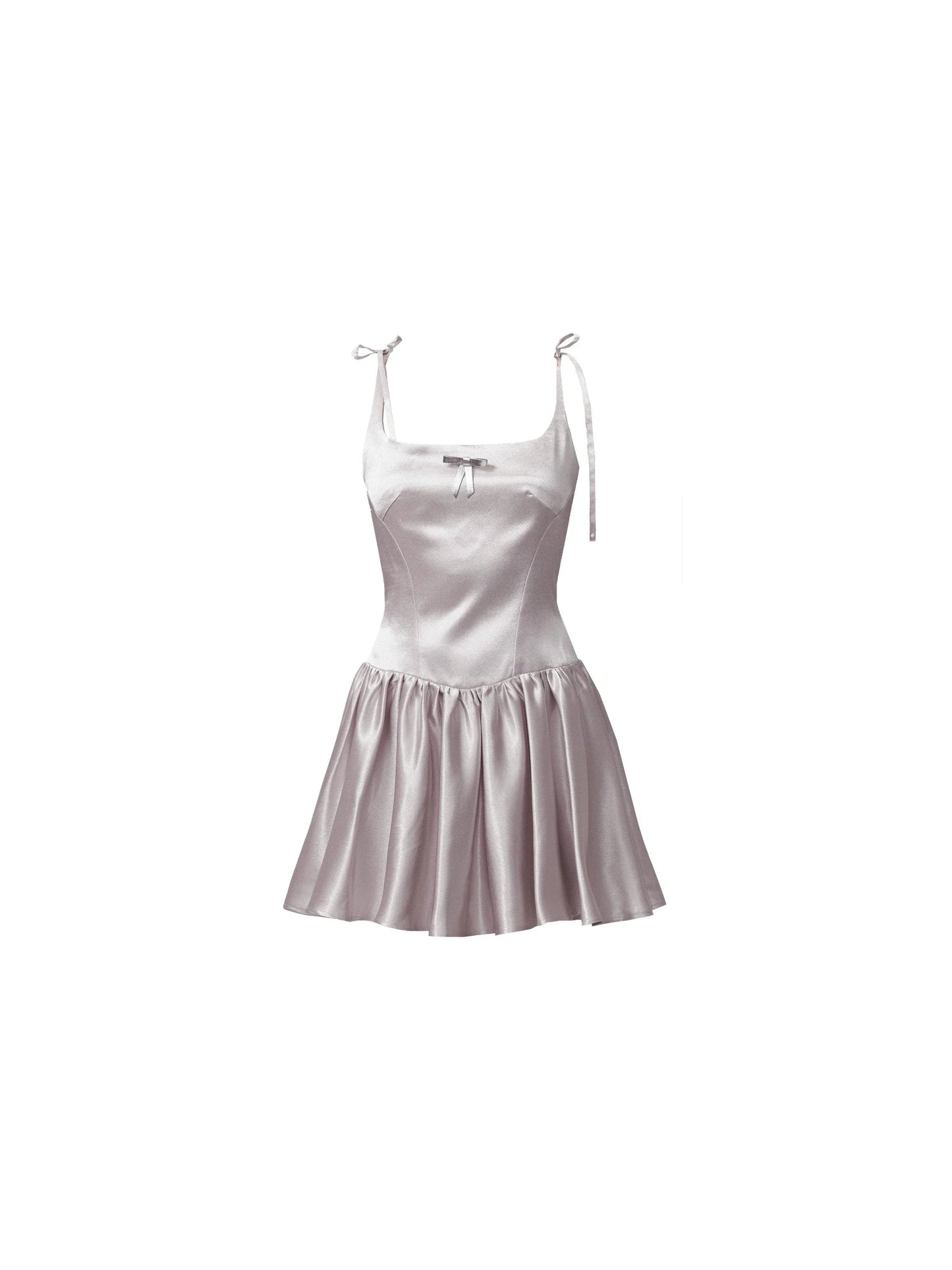 Silvery Gray Satin Mini Dress With Tie Straps