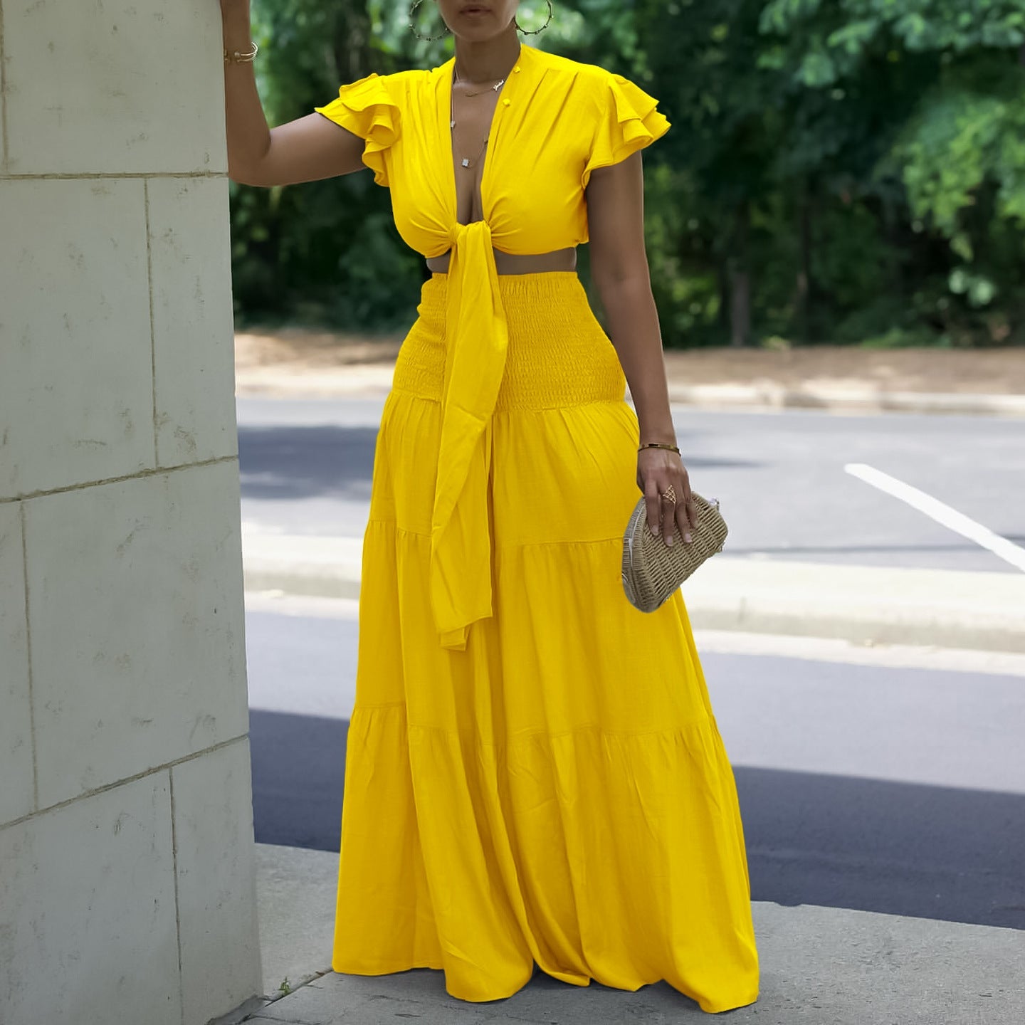 Short Sleeve Tied Top Wide Leg Pants Two Piece Set