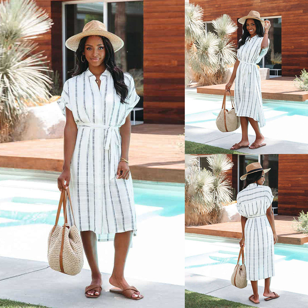 Summer Striped Short-sleeved Cardigan Single-breasted Shirtdress