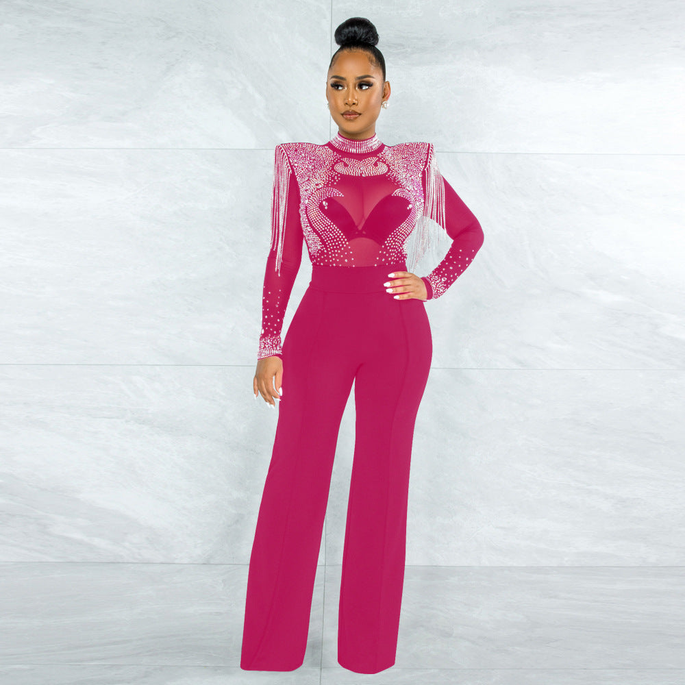 Slim Fit Turtleneck See Through Rhinestone Tassel Jumpsuit