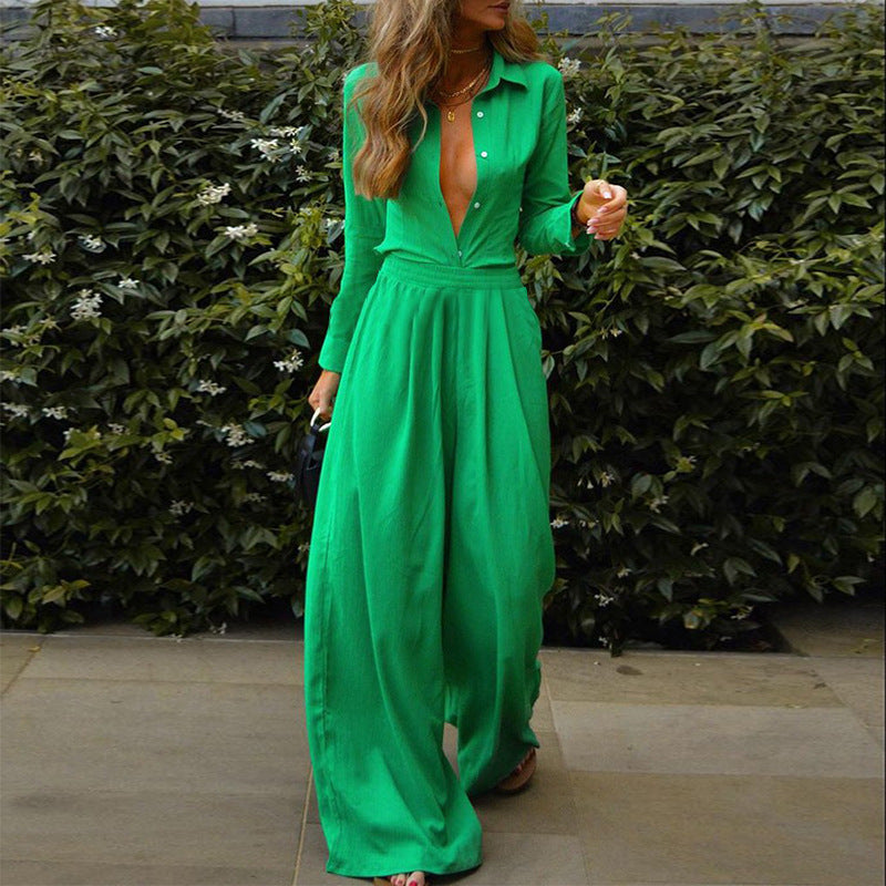 Clothing Color Cardigan Shirt Loose-fitting Wide-leg Trousers Two-piece Set