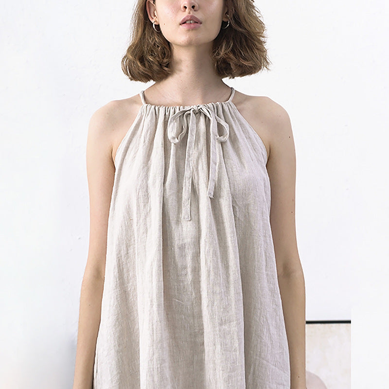 Summer Linen Cami Dress Halter Strap Reverse Cotton Linen Niche Design Maxi Dress Clothing