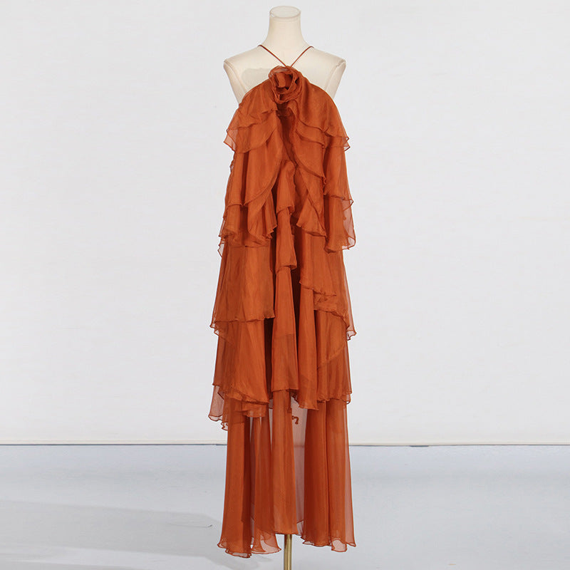 Lady Patchwork Ruffled Maxi Dress Early Spring Halter Backless Design Maxi Dress