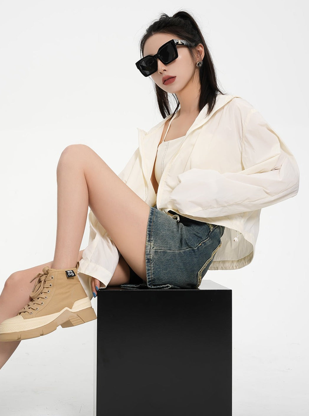 Textured Contrast Duo: Ivory Puff-sleeve Crop Blouse & Black Quilted Bomber Jacket Set