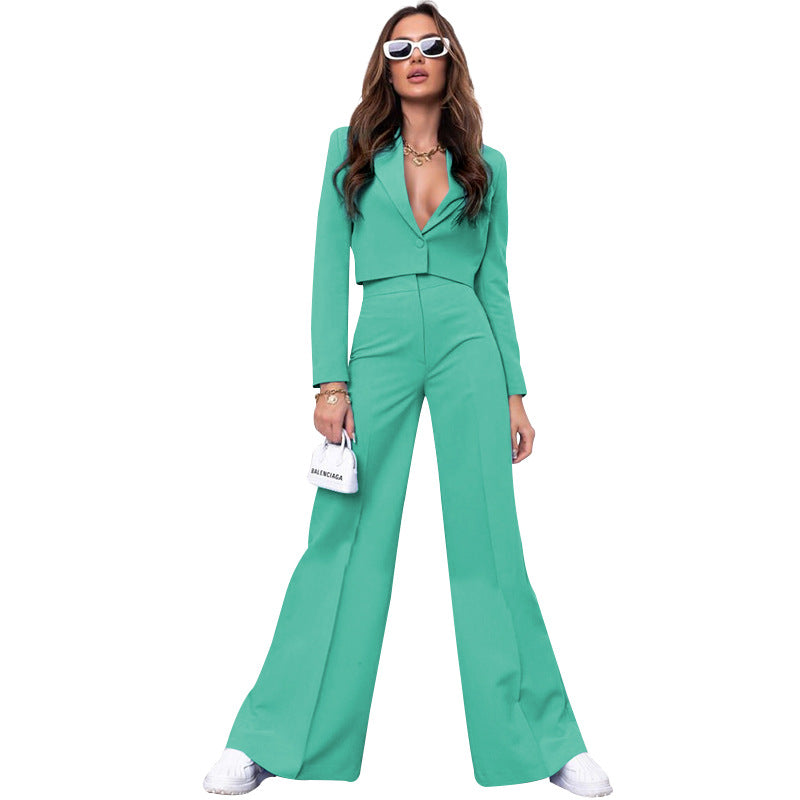 Autumn Winter Color Short Long Sleeve Small Suit High Waist Wide Leg Pants Suit