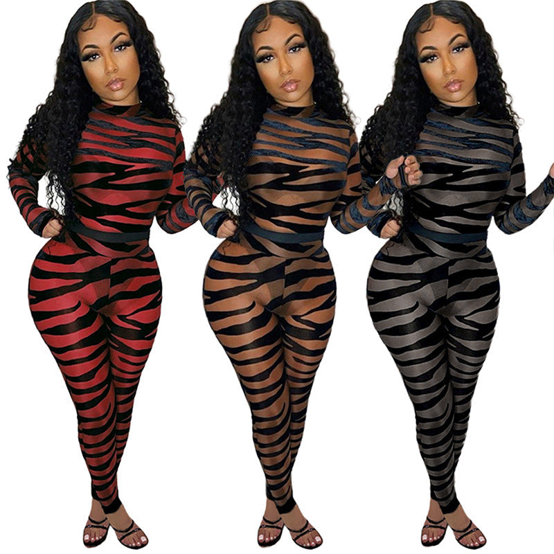 Clothing Striped Printed Sheer Mesh Jumpsuit