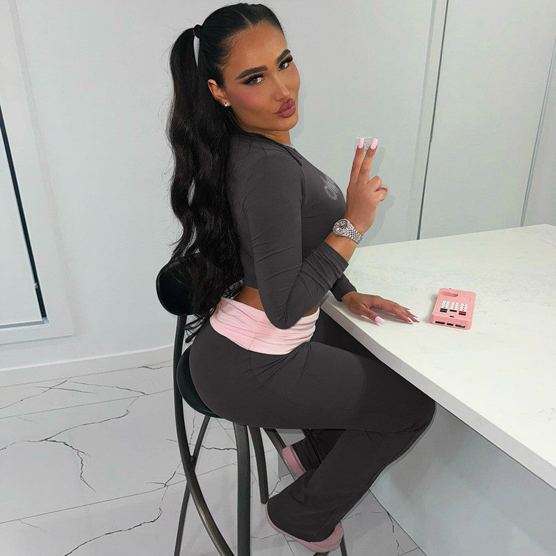 Clothing Autumn Contrast Color Round Neck Long Sleeve Bell Bottom Pants Two Piece Set Rhinestone Suit