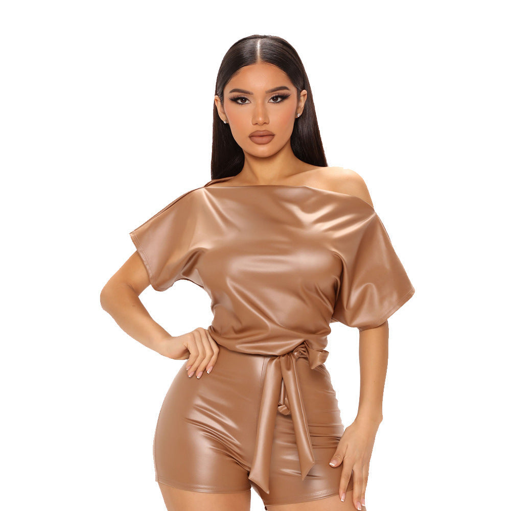 Summer Clothing Faux Leather Shoulder Romper With Belt