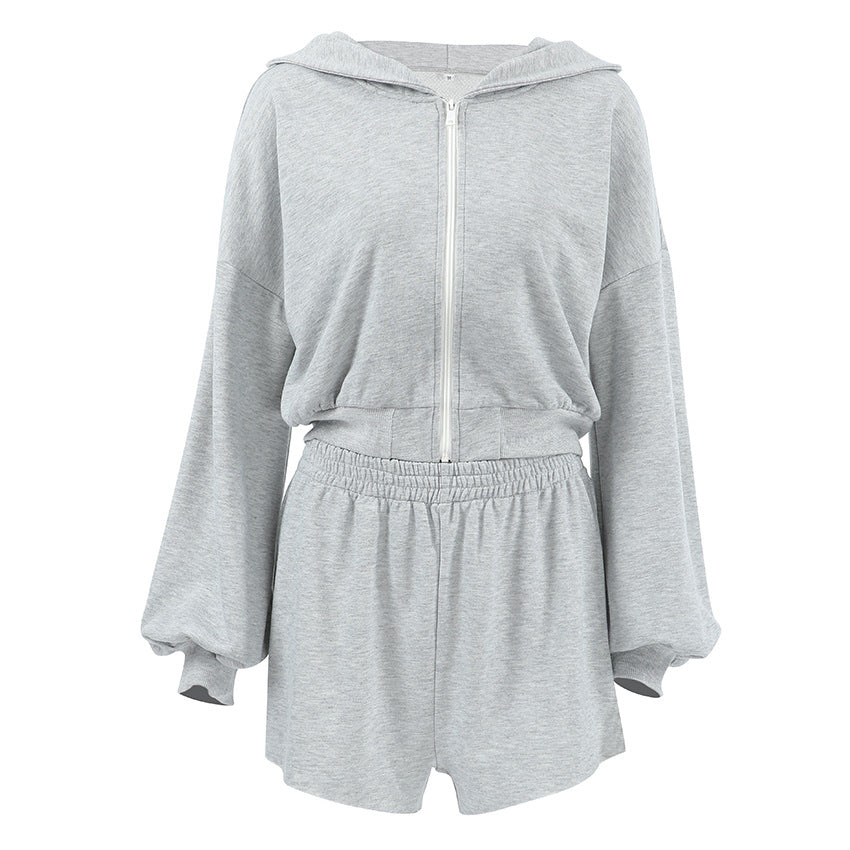 Fall Hooded Long Sleeve High Waist Loose Shorts Two Piece Set All Matching Sports Gray