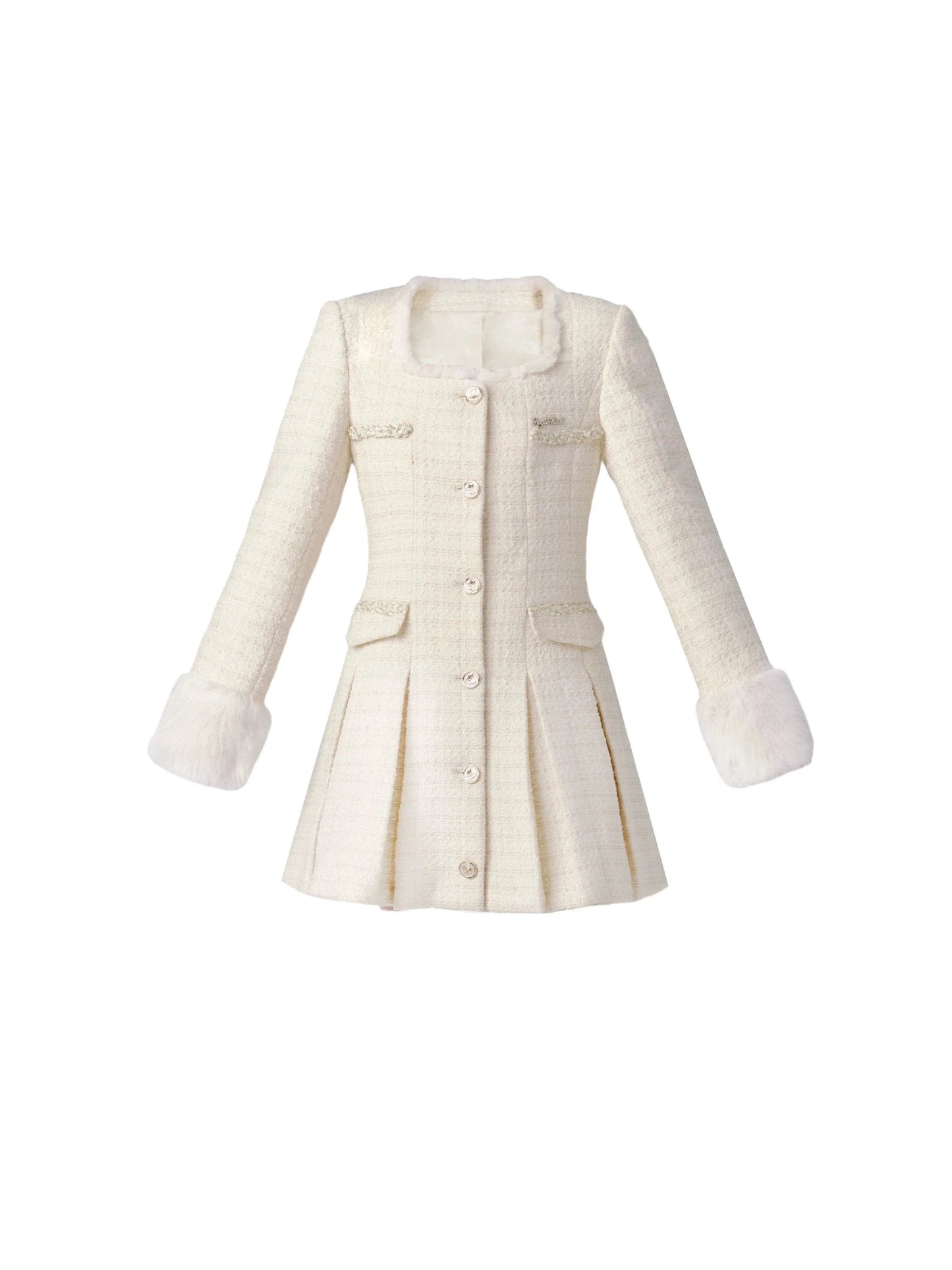 Ivory Tweed Coat Dress With Fur-trimmed Cuffs