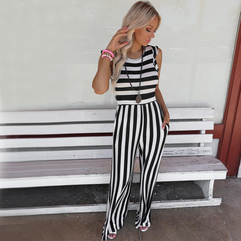 Summer Striped Round Neck Sleeveless Jumpsuit