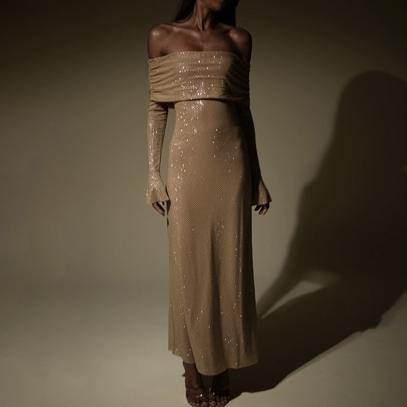 Autumn Package Hip Maxi Dress Fashionable Panel Pressing Slim Fit Off Neck Dress