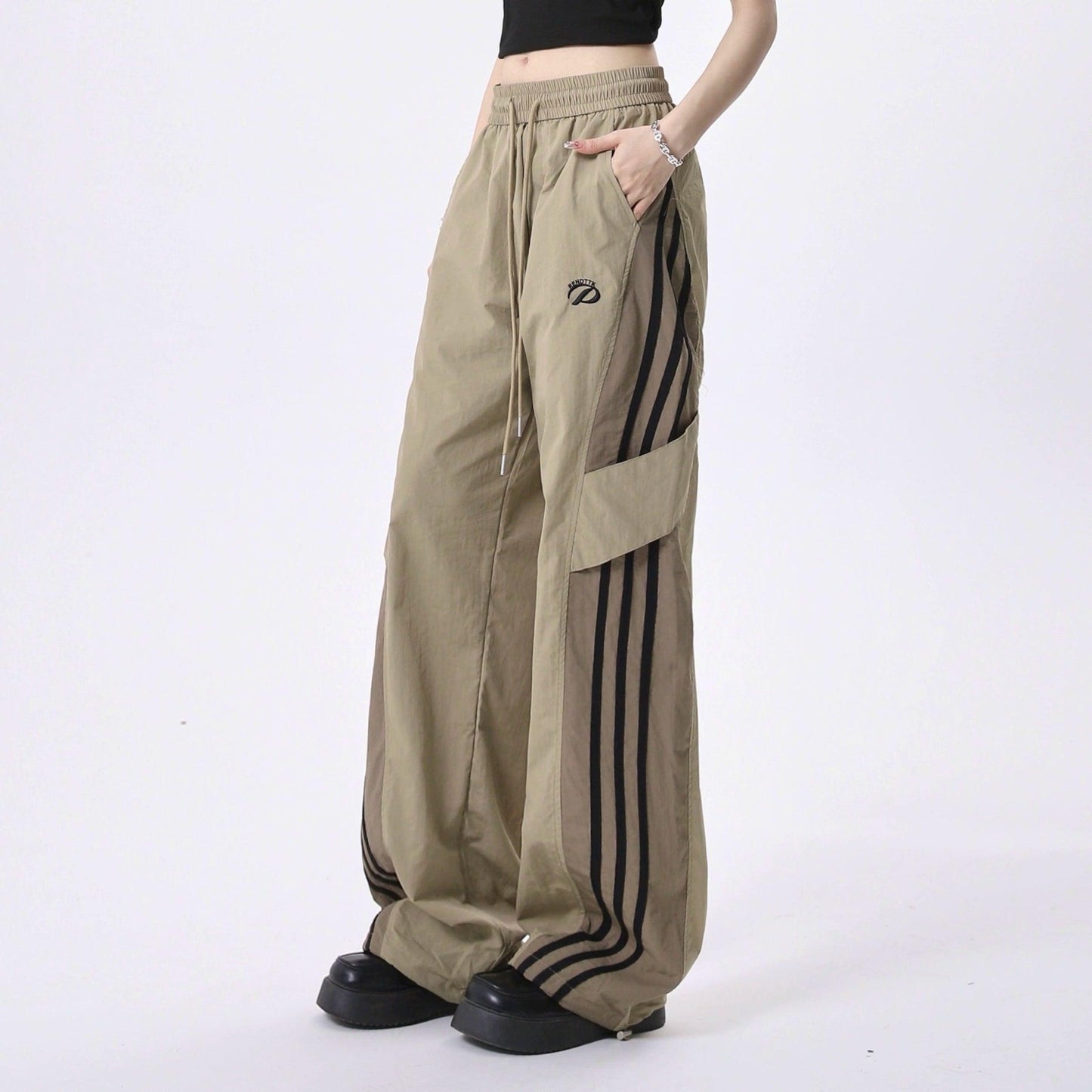 Rayohopp Color-block Wide-leg Track Pants - Drawstring Waist Athletic Trousers With Striped Panels