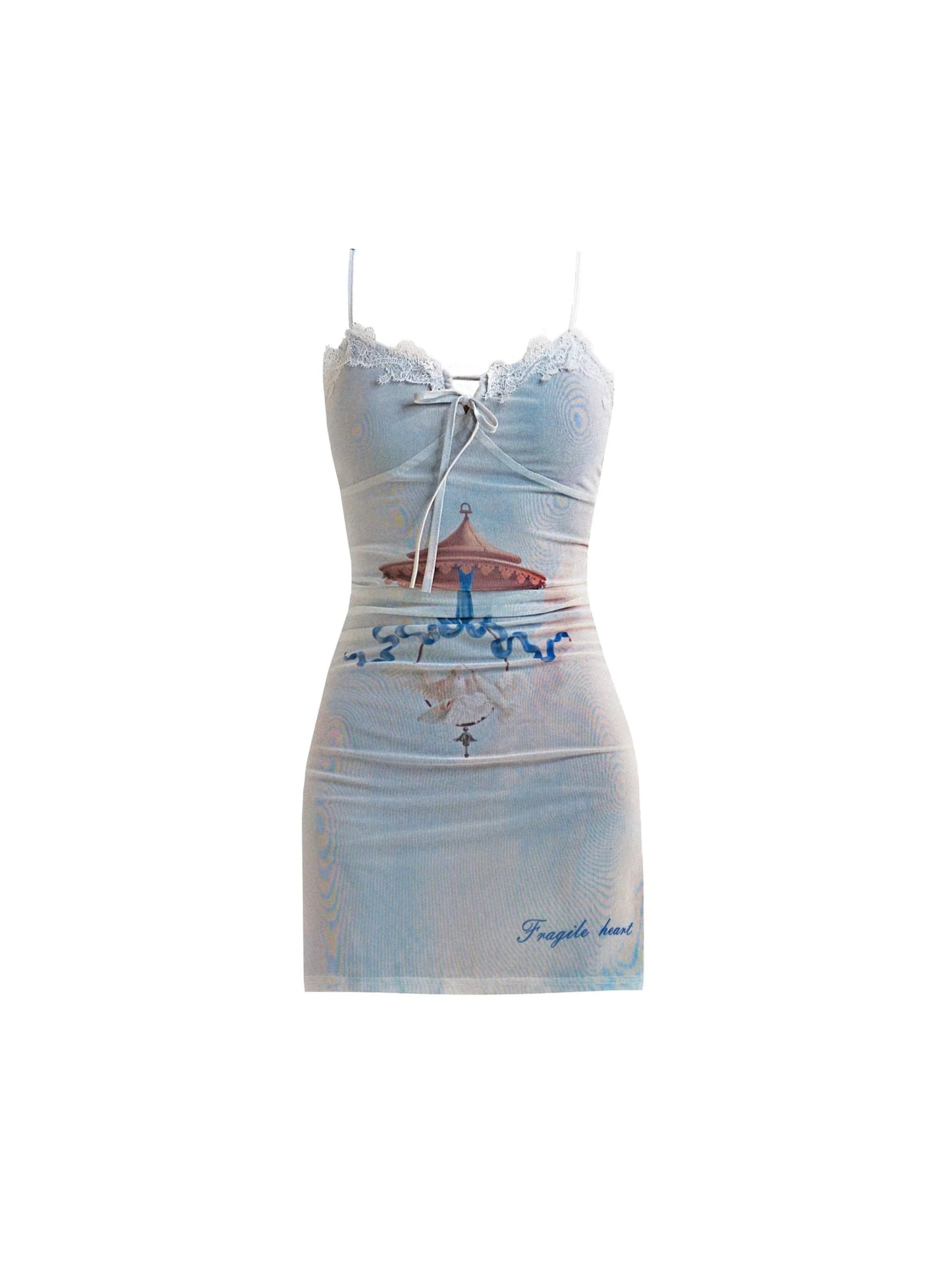 Whimsical Beach Print Spaghetti Strap Mini Dress With Lace Trim