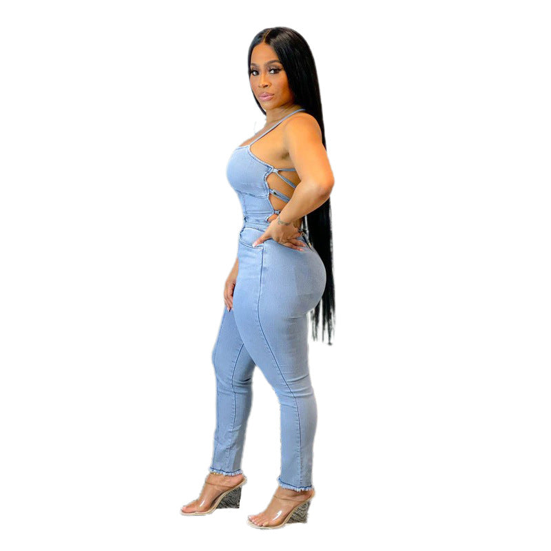 Slim Fit Backless Bandage Denim Jumpsuit