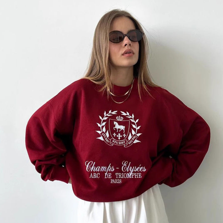 Spring Ankela Red Round Neck Printed Pullover Sweatshirt Loose Top