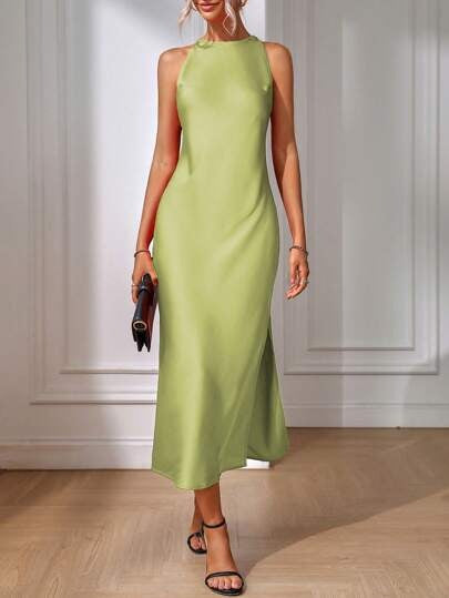 Satin Dress Clothing Spring Summer Sleeveless Split Satin Imitation Silk Maxi Dress