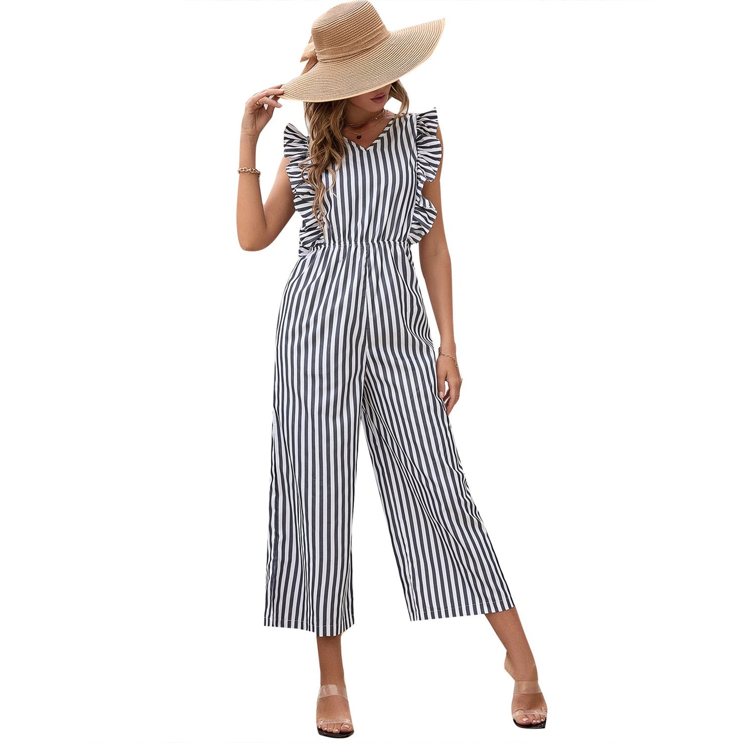 Clothing Short Sleeve Slim Off Shoulder Striped Jumpsuit