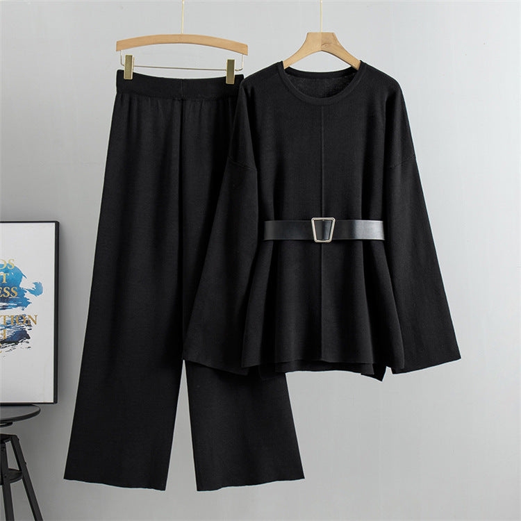 Black - Knitted Wide-leg Pants & Sweater Two Piece Set