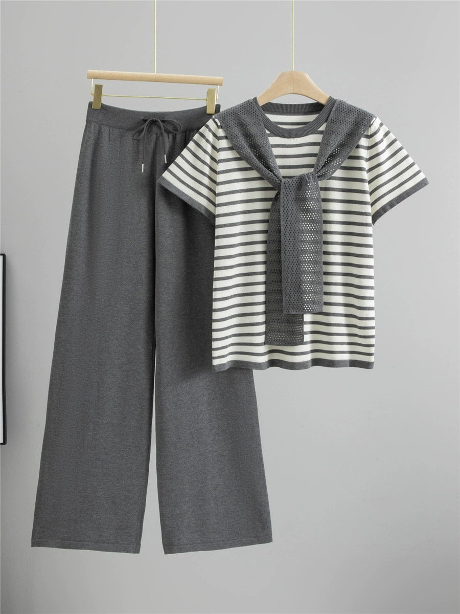 Gray – Drawstring Short-sleeve Striped Two-piece Set