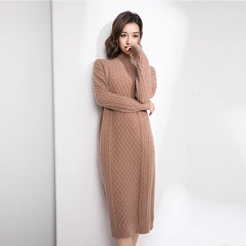 Autumn Winter Half High Collar Sweater Knitted Dress Mid Length Loose Over Knee Thickened Base Non Slit Woolen