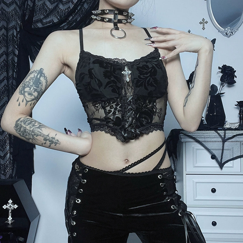 Wannathis Gothic Lace Ensemble - Black Sheer Flared Pants, Brocade Camisole, and Bell Sleeve Bolero