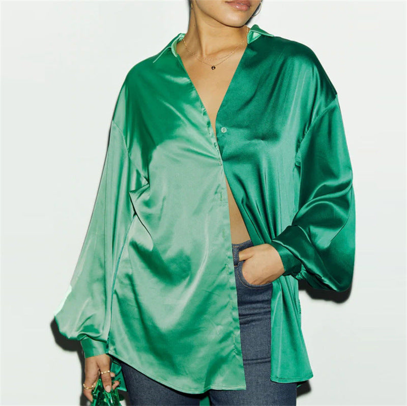Spring Summer Satin Two Piece Set Colorblock Clothing Oversized Shirt Straight Pants Set