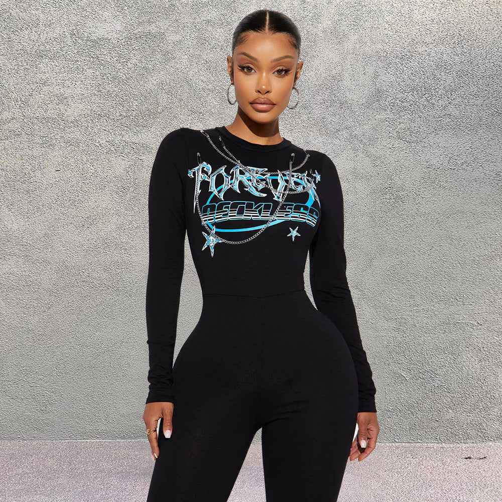 One Piece Clothing Print Round Neck Long Sleeve Stretchy Slim Fit Tight Jumpsuit