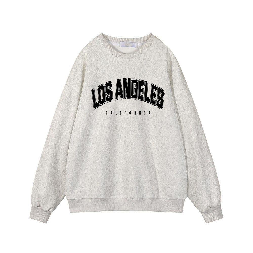 Autumn Winter Printed Loose Sweatshirt Retro Letter Graphic Pattern Fleece Lined Long Sleeve Top