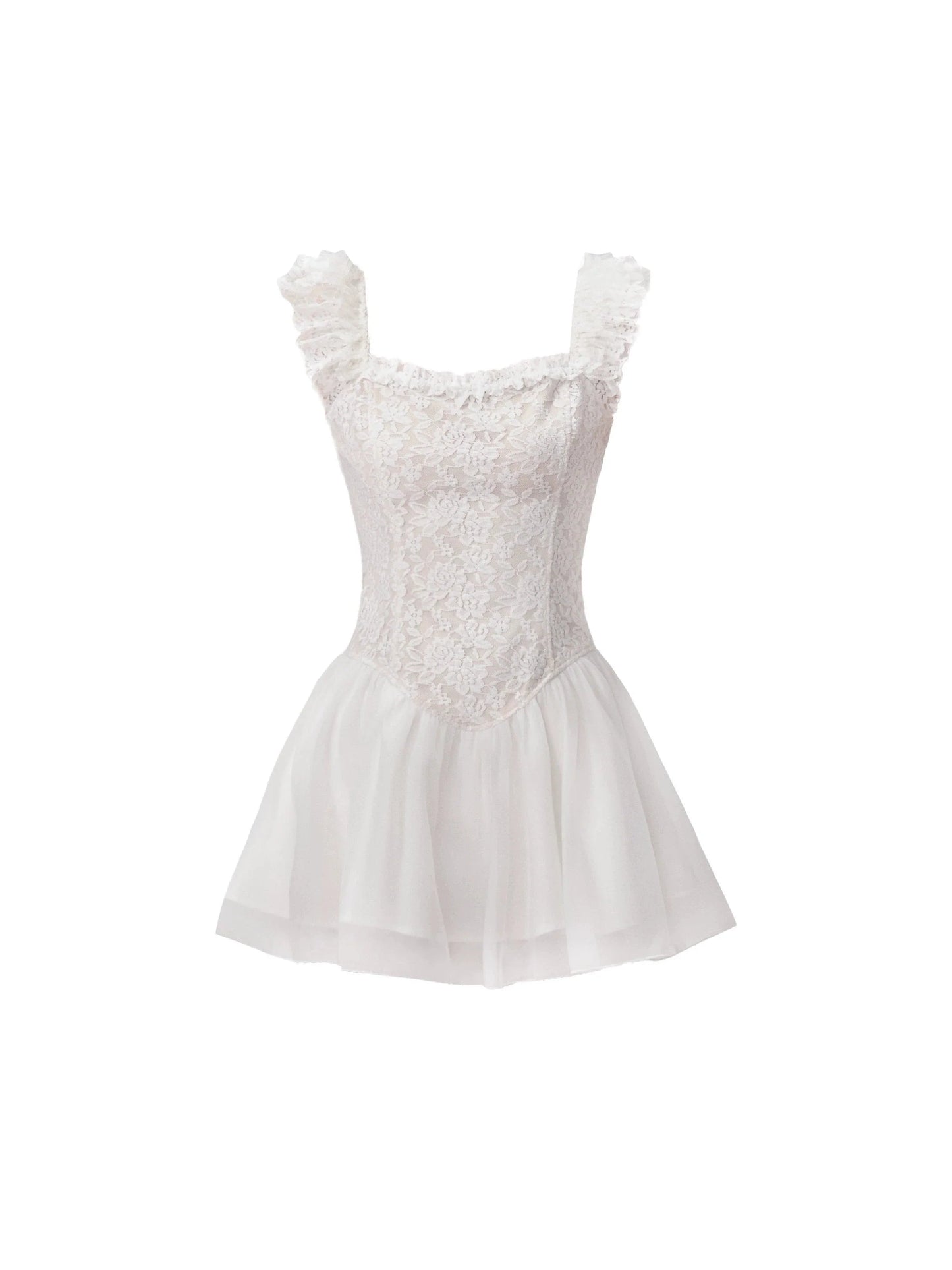 Lace Bodice Tulle Skirt Mini Dress With Ruffle Straps