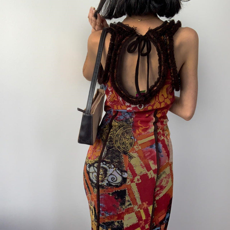Clothing Summer Retro Tie Dyed Printed U Collar Slim Dress Maxi Dress