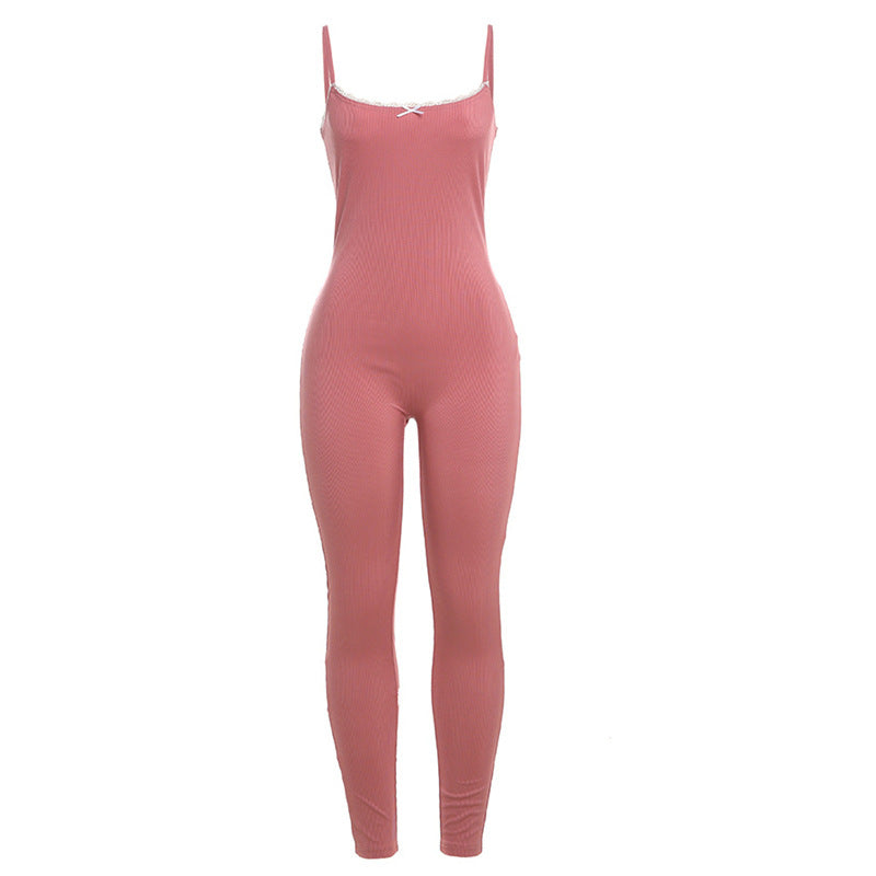 Autumn Winter Tight Low Cut Color Trousers Strappy Bow Jumpsuit