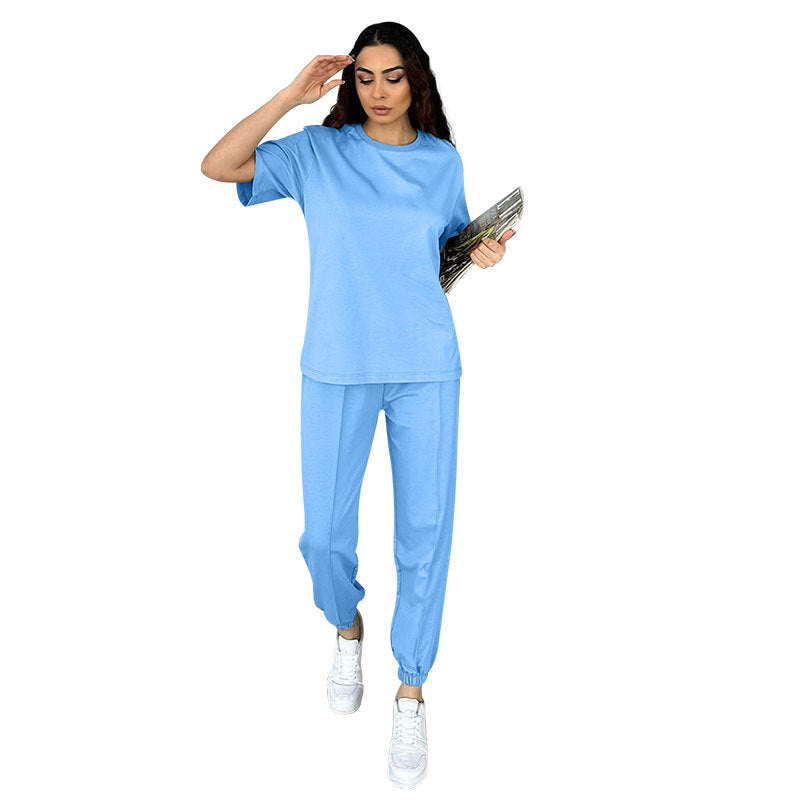 Summer Color Round Neck Short Sleeves Pullover Ankle Banded Pants