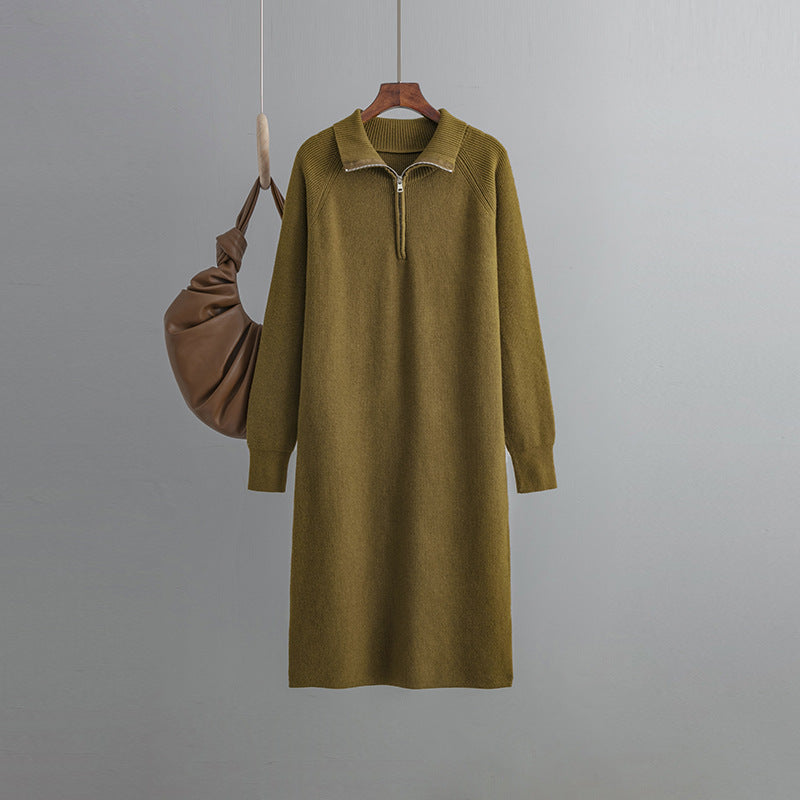 Knitted Dress Spring Autumn High Grade Idle Zipper Pullover Outerwear Overknee Sweater