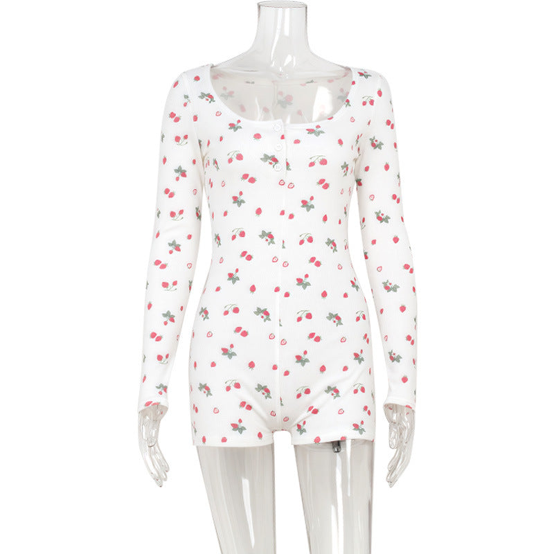 Spring Home Printed Square Collar Long Sleeve Jumpsuit Romper