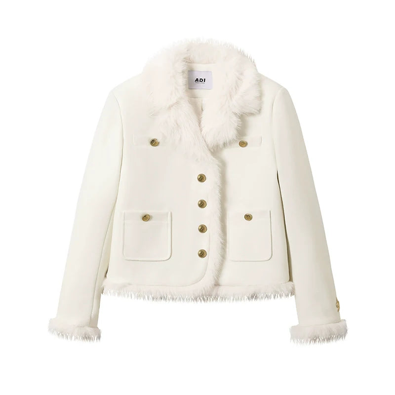 Ivory Boucle Jacket: Faux Fur Trim Cropped Coat With Gold Buttons