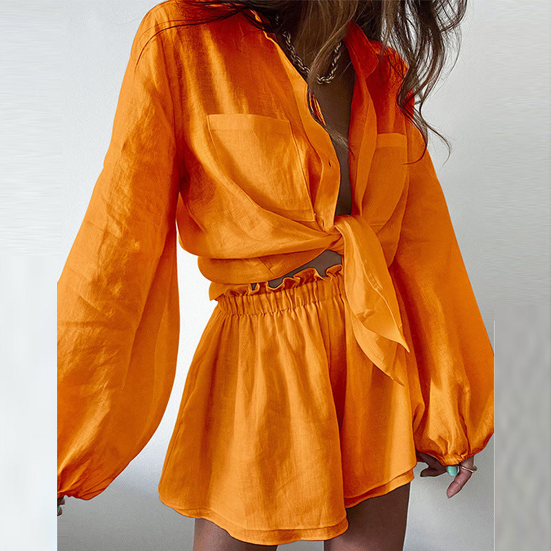 Summer Color Ruffles Shorts Long Sleeve Set