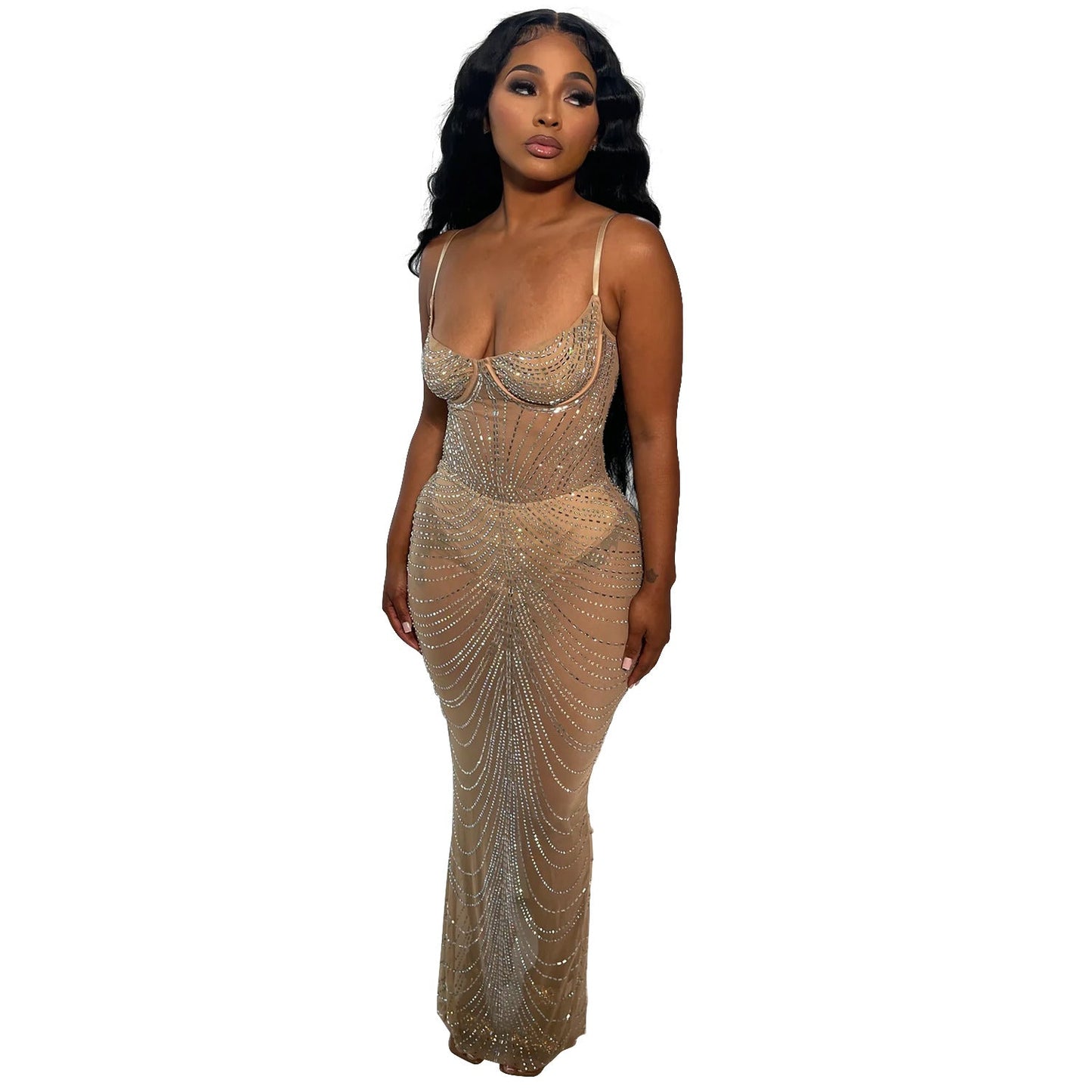 Wear Color Mesh Drilling Sling Maxi Dress
