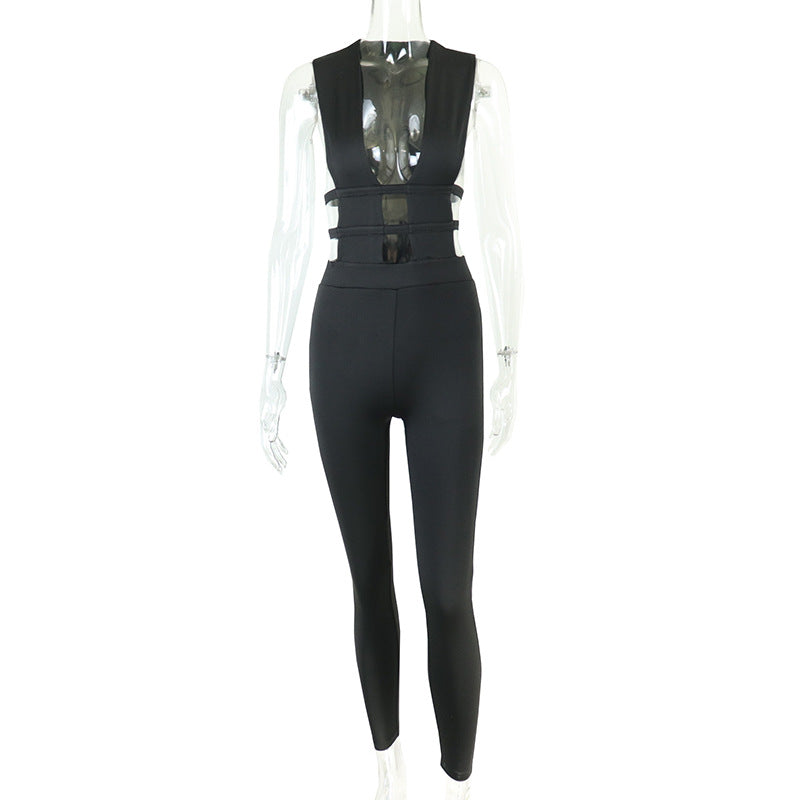 Summer Color Trousers Hollow Out Cutout Out Stitching High Waist Slimming Hip Raise Jumpsuit