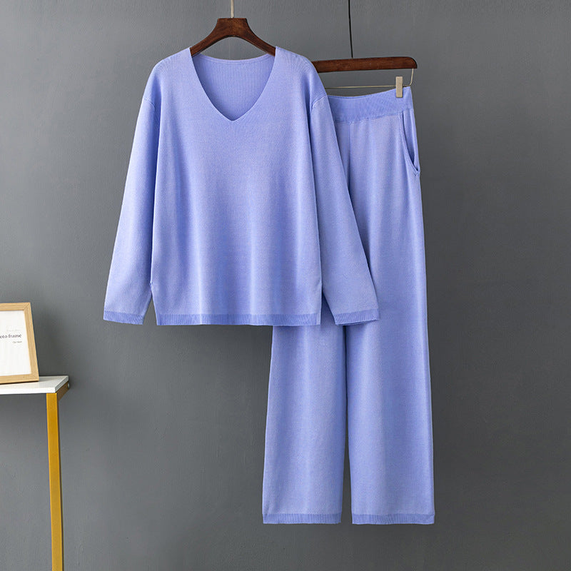 Color V Neck Ice Silk Suit Spring Autumn Loose High Waist Two Piece Sweater