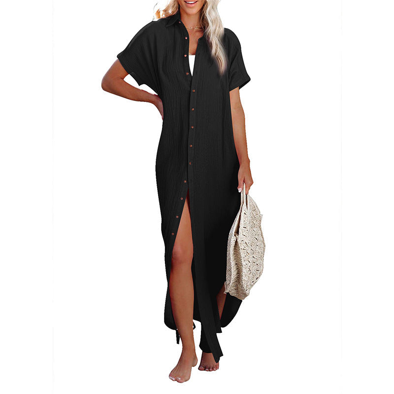 Color Shirt Simple Summer Long V-neck Single Breasted Short Sleeve Cardigan Shirt