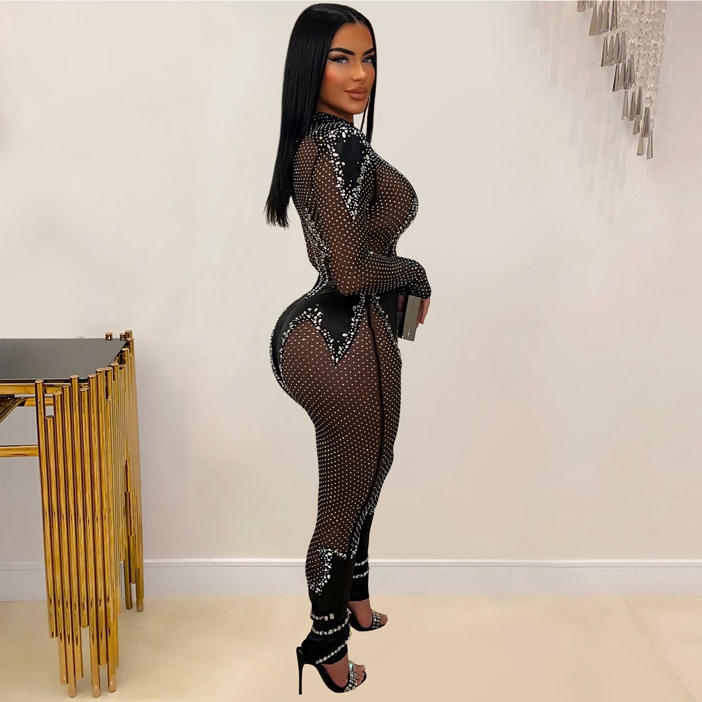 Mesh Rhinestone Long Sleeved Trousers Jumpsuit