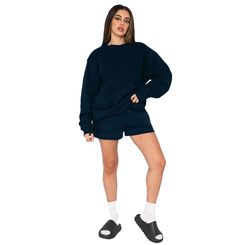 Cotton Autumn Winter Color Round Neck Pullover Long Sleeve Sweater Shorts Set