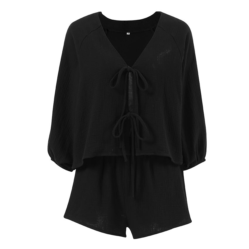 French Autumn Bubble Wrinkle Breathable Puff Sleeve V Neck Lace Up Top High Waist Pants Sets