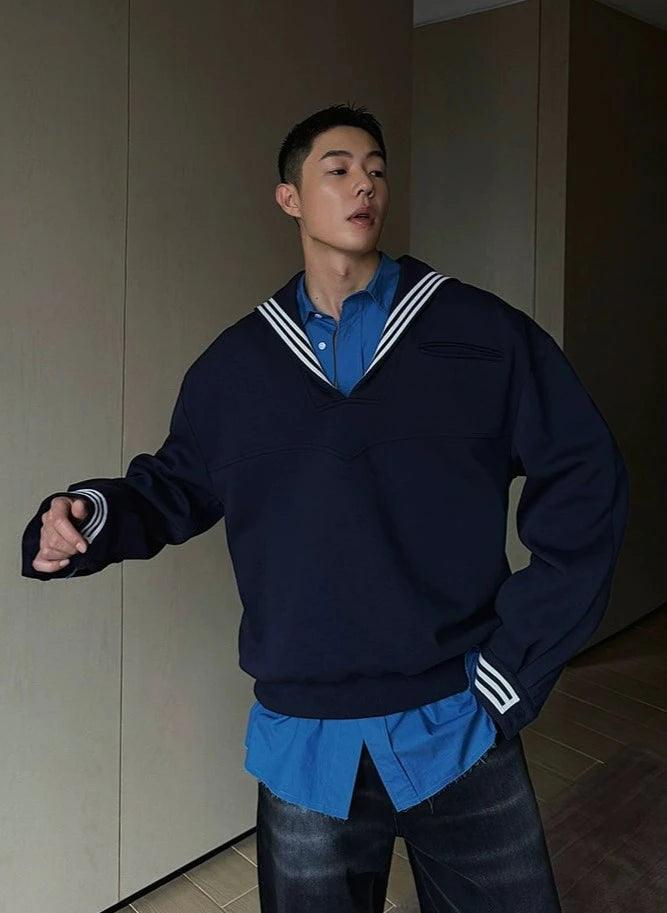 Weave Studio Navy Blue Sailor Collar Sweatshirt - Oversized Nautical V-neck Pullover