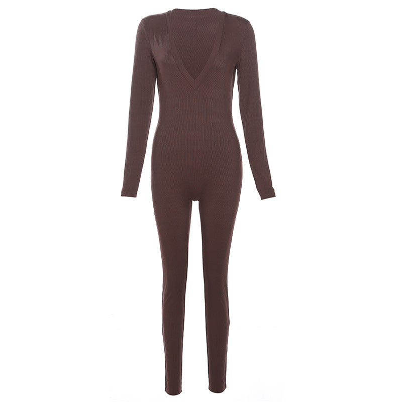 Fall Clothing Yoga Low Collar Color Long Sleeve Narrow Slim Long Jumpsuit