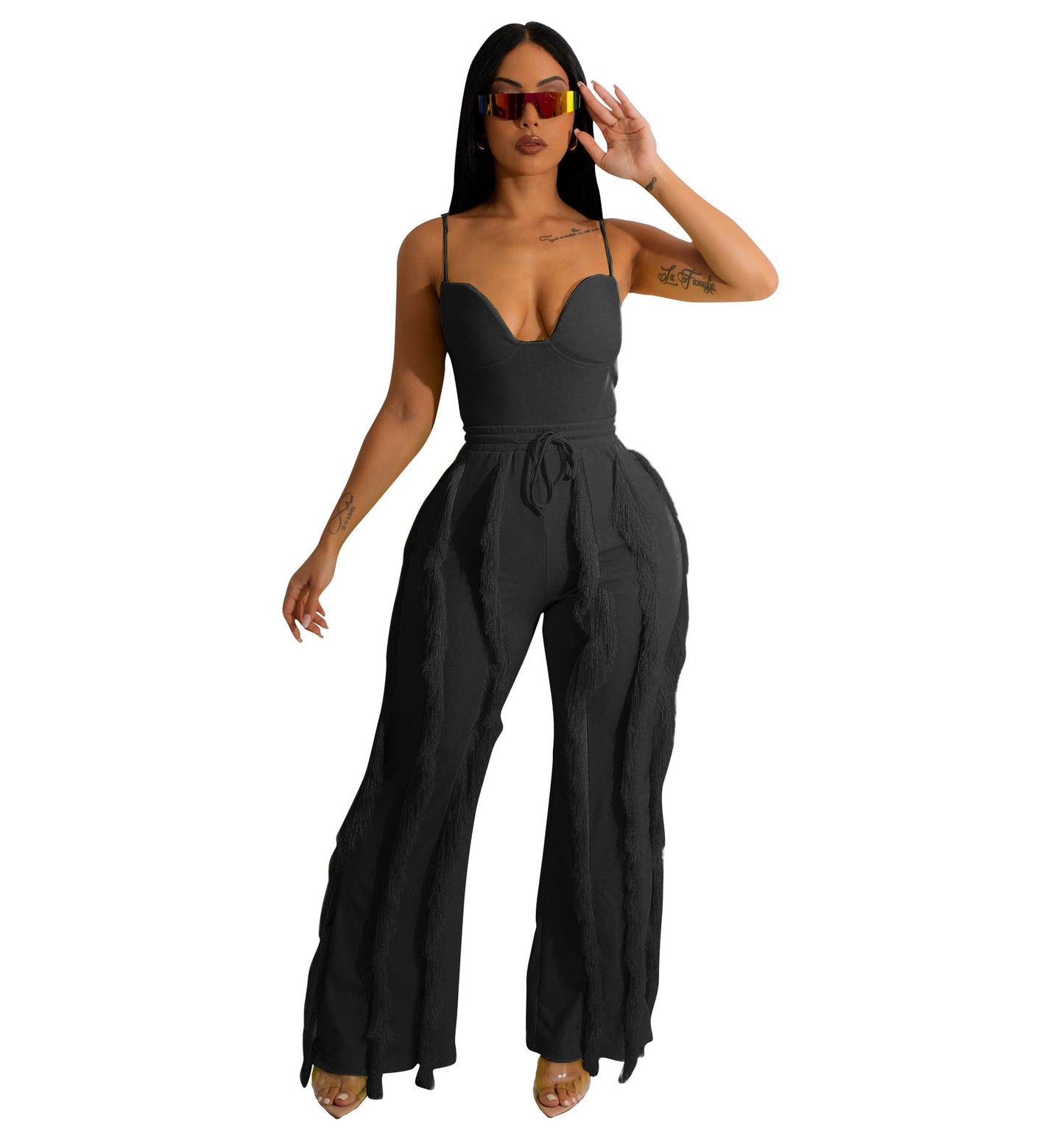 Clothing Suit Tassel Lace Sling Jumpsuit Two Piece Set Straight Leg Pants Summer