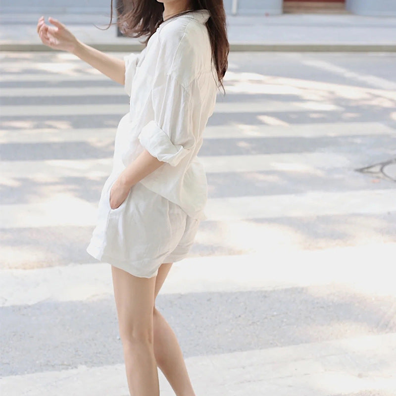 Linen Shirt Shorts Set Loose Laid Back Cotton Linen Shirt Two Piece Set